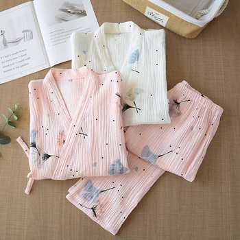 Femei Vrac Pijama Pantaloni Set Primăvara și Vara din Bumbac Halat de baie Ginkgo Biloba Print V-Neck Kimono Hanfu Acasă Sleepwear