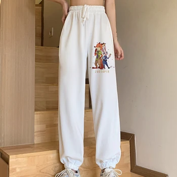 Femei albe Casual Elastică cu Dantelă-Up Track Pantaloni Toamna Disney Zootopia Judy Iepure Nick Fox Imprimate Pantaloni Pantaloni pentru Streetwear