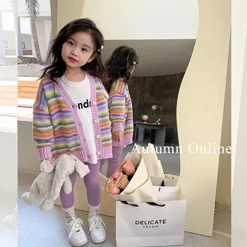 Fete Baby Cardigan Pulover Jacheta de Moda Curcubeu Tricot Haine și Jambiere Pantaloni Gratuit Colocare Îmbrăcăminte pentru Copii Set 2 La 11 Ani