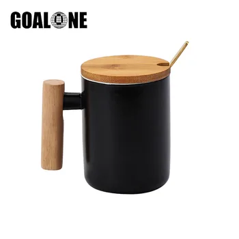GOALONE 350ml Ceramice Cana de Cafea cu Mâner din Lemn Nordic Ceașcă de Ceai cu Capac si Lingura de Călătorie Ceașcă de Cafea Drinkware pentru Biroul de Acasă