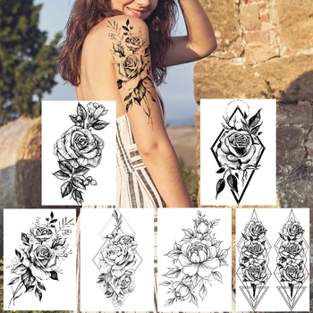 Geometrice De Flori Tatuaje Temporare Pentru Femei Fata De Moda Body-Art Brațul Tatuaj Fals Negru Rezistent La Apa De Trandafir Ponei Tatoo Pentru Vacanță