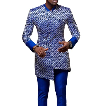 H9ED Bărbați Afro Dashiki Tricou Albastru Imprimat Carouri Slim Fit Maneca Lunga Stand Guler Camasi Bluza de Moda Tricou Top Cadouri