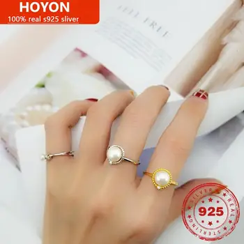 HOYON argint 925 reale 100% pearl inel de sex feminin uri de moda simplu inel de aur galben inel de culoare setare bijuterii de deschidere reglabil