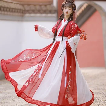 Hanfu Chinez de sex Feminin Rosu, Fusta cu Talie Vechi Zână Costum Elegant de Primăvară și de Toamnă de Performanță Etapă Haine Tradiționale Rochie