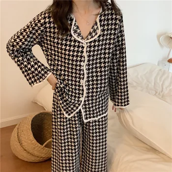 Houndstooth Print Carouri Toamna Set De Pijama Femei Coreene Bumbac Acasă Suit Singur Pieptul Tricouri + Pantaloni Set De Pijamale