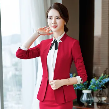 IZICFLY Primavara Toamna Roșie Set de Sacou Cu Fusta Office Haine Pentru Femei Uniformă Doamnă Elegant 2 Bucata Costum de Afaceri