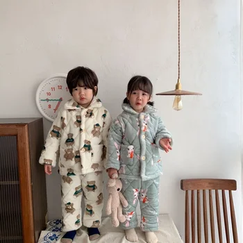 Iarna Termică pentru Copii Seturi de Pijamale Trei Straturi Matlasat Îngroșat cu Flanel Băieți și Fete Desene animate Homewear Copii Pijamale