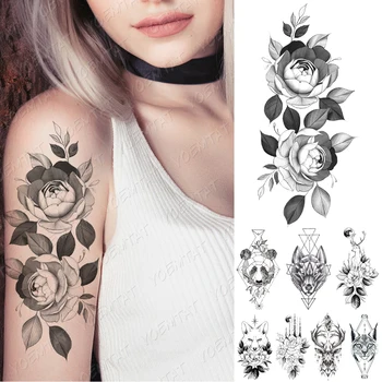 Impermeabil Tatuaj Temporar Autocolant Flori De Trandafir Fox Panda Cerb Tatuaje Luna Lup Body Art Brațul Fals Maneci Tatuaj Femei Bărbați