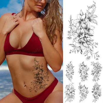 Impermeabil Tatuaj Temporar Autocolant Linie Floare De Crin Flash Tatuaj Henna Mehndi Totem Parte Body Art Brațul Fals Tatuaj Bărbați Femei