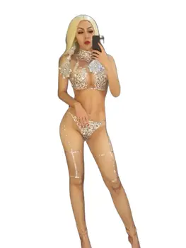 Inel Cristale Body Femei Sexy Nud Costum Salopeta Stadiu de Dans Purta Body Femei Cantareata Nud Întinde Tinuta