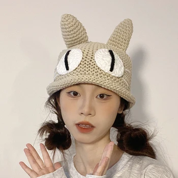 Japonez Drăguț Bunny Pălărie Mare Ochi, Urechi de Pisică de Tricotat Pălării Beanie de sex Feminin Toamna și Iarna Cald Chelioși de Mână de Tricotat Lână Capac