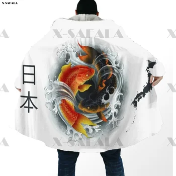 Japonia China Pește Koi Yin Yang 3D Imprimate Hoodie Lungă Duffle Coat cu Gluga Patura Pelerina Sacou Gros de Bumbac, Cașmir, Lână