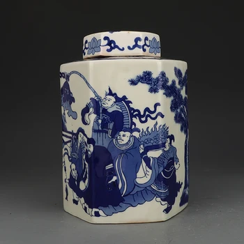 Kangxi Albastru Și Alb Personaj De Poveste Ceramice Hexagonale JarCovered Vas De Colectare De Epocă Ornament