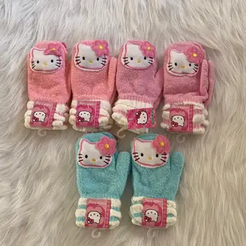 Kawaii Drăguț Sanrio Hello Kitty De Mână-Tricotate Mănuși De Tricotat Flori Tridimensionale Ține De Cald Fată De Cadouri De Crăciun Pentru Copii