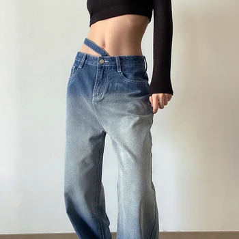 Kayotuas Femei Blugi Talie Mare Bandaj Split Liber Largi Picior Pantaloni Vintage De Culoare Gradient Coreeană De Moda Streetwear