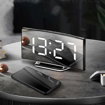 LED-uri Digitale Ceas de Masa Electronice de 7 Inch Numărul Desktop Ceasuri de Alarmă Difuzor Bluetooth Ecran Curbat Estompat Oglindă Ceasuri