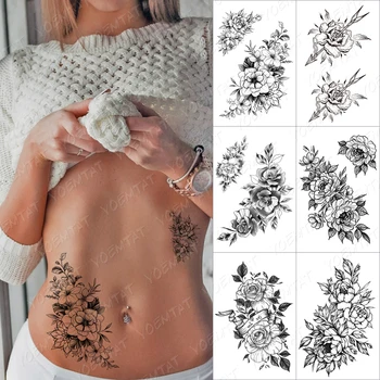 Linii De Trandafiri Șarpe Flori Tatuaj Temporar Autocolant Pentru Barbati Femei Adulte Bujor Impermeabil Fals Henna Vechi De Școală Tatuaj Body Art