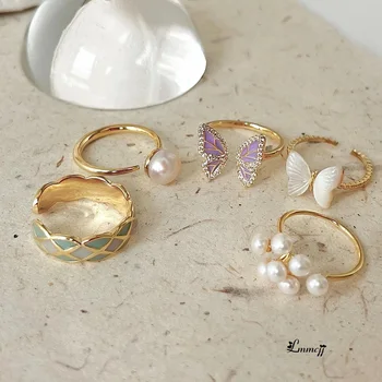 Lmmcjj Vintage Fluture Pearl Geometrice Inel Pentru Femei Deschide Inel Degetul Arătător Ring Moda Bijuterii Accesorii Cadou INS