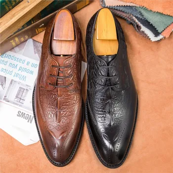 Luxury Mens Oxford Dress Pantofi din Piele de Crocodil Model de Pantofi pentru Bărbați Manual Dantelă Neagră Nunta Formala Costum Pantofi