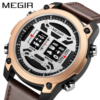 MEGIR Origine rotita de Scroll Design Ceasuri Barbati din Piele de Afaceri de Sport Ceas de Moda Cuarț Impermeabil cu Role de Afișare în Timp Relogio