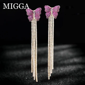 MIGGA 3 Culori Cubic Zircon Fluture Stud Cercei cu Cristal Lung Ciucure Spate Femei de Lux Bijuterii Cadou