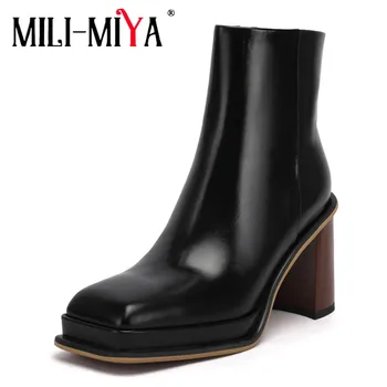 MILI-MIYA Platforma Indesata Toc Femei de Înaltă Calitate Piele de Vacă Glezna Cizme Brand de Designer Elegant Deget de la picior Pătrat Toamna Pantofi de Partid