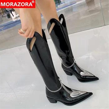 MORAZORA 2022 mai Noi Genunchi Ridicat Cizme Femei din Piele Pantofi de Moda se Răcească, Lanț de Vest Cizme Femei Pantofi Casual Negru