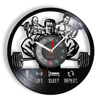 Mananca Lift Somn Repeta Mens Fitness, SALĂ de Inspiratie Citat de Antrenament Ceas de Perete Oameni Musculare Culturism disc de Vinil Ceas de Perete