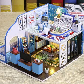 Manualul de asamblare model DIY casa, albastru de coastă cu praf acoperă inteligența creatoare model de jucărie.