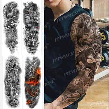 Mare Tatuaj Braț Maneca Coroana De Lup Crescut De Craniu Impermeabil Tatuaj Temporar Autocolant Demon Înger Flash Body Art Tatuaj Fals Femei Bărbați