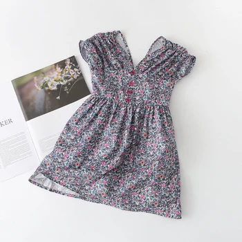 Menoea 2022 Fete Rochii Vintage Plisate mâneci Florale Imprimare talie elastic rochie Copii V Gât căptușit Rochii casual