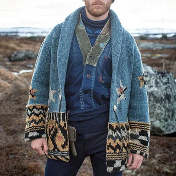 Mens Sweatercoat Toamna Iarna Model Vintage Cardigan Tricotat Jacquard Pentru Barbati Moda Cu Maneci Lungi Rever Nasturii Tricot Jachete