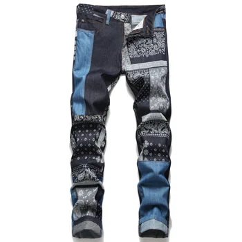 Mens straight leg mozaic blugi slim fit albastru îmbinat imprimate grafic pantaloni Punk prietenul jean streetwear bărbați pantaloni hombre