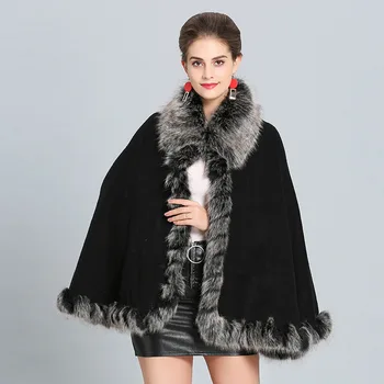 Mingjiebihuo Noua moda femei moda solid temperament sălbatic șal gros de cald confortabil moale liber lungi guler de blană poncho
