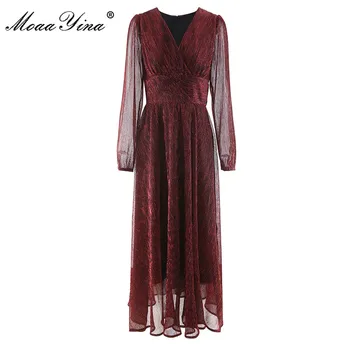 MoaaYina Moda Designerdress Toamna Iarna pentru Femei Dress V Gâtului talie Mare Maneca Lunga Rosu Rochii de Petrecere