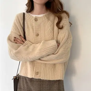 Moale Tricotate Cardigan Femei 2021 Toamna Iarna coreean O de Gât Pulover Kaki pentru FEMEI Chic Supradimensionate, Haine Femei