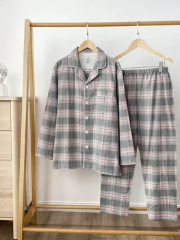 Moale, confortabil Bărbați 100% Bumbac Flanel Cupluri Costum cu Maneci Lungi si Pantaloni de Pijama Set de Pijamale Homewear Lougewear