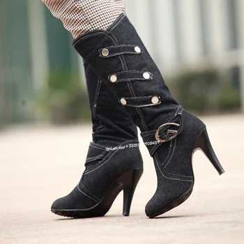Moda Pentru Femei Albastru Denim Negru Cizme De Metal Cataramă De Curea Design Papuceii A Subliniat Toe Design Simplu Nituri Stiletto Toc Scurt Pantof