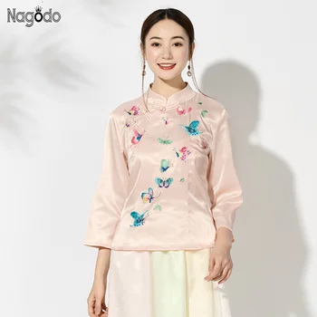 Mătase chinezească de Femei de Top Nouă maneci din Satin Fluture Broderie Tricou Etnică Tradițională Chineză Fete de Îmbrăcăminte Brodate Sus