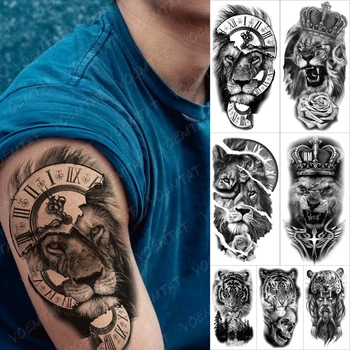 Negru Busola Leu Tatuaje Temporare Pentru Bărbați, Femei, Adulți Realist Fals Tigru Craniu Cruce Autocolant Tatuaj Jumătate Maneca Brațul Tatuaje