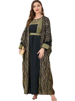 Negru De Lux Abaya Modest Moda Musulmană Rochii Abayas Pentru Femei 2 Seturi De Piese De Broderie Centura De Caftan Marocan Ramadan