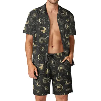 Negru Și Auriu Luna Bărbați Seturi de Stele, Soare Astrologie Art Tricou Casual Set Streetwear Vacanta pantaloni Scurți de Vară Costum din Două piese 2XL 3XL