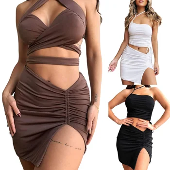 Neregulate Shirring Split de Vară de Moda de Îmbrăcăminte pentru Femei Geanta Hip Fusta Scurta Sexy Cutat Solid Streetwear Doamnelor Fuste Mini