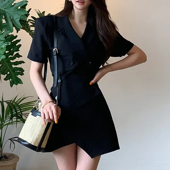 New Sosire Moda Stil coreean Costum Pentru Femei Elegante Vara OL Temperament Stil de Lucru Solid V-neck Topuri Si Fusta 2 Bucata Set