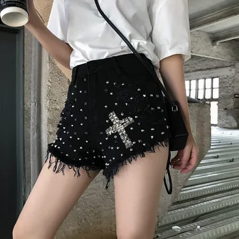 NewvSlimming Găuri de Trepan Pantaloni Fierbinte Nit pantaloni Scurți din Denim pentru Femei de Moda Street Style Blugi Talie Mare