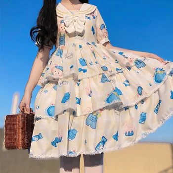 Noi Femeile Japoneze Maneci Scurte Lolita Rochie Galben Minunat Tort Stratificat de zi cu Zi Student Petrecere de Vacanță Loli Rochie Kawaii