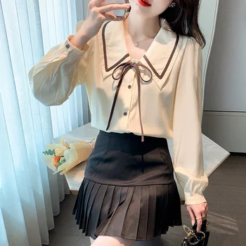 Noi coreean Dantelă-up Papusa Guler Femei Bluza Camasa de Primavara Toamna Puff Maneca Lunga Bluza Office de Caise Moda Doamnelor de Sus