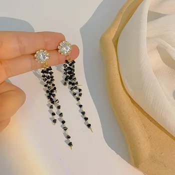 Nou Coreean Tirangle Cristal Margele Negre Tassel Cercei Lungi Pentru Femei Partid Moda Bijuterii Stras Pendientes Brincos