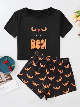 Nou Stil De Vară Doamna Personalitate Bat Print Cu Maneci Scurte T Shirt & Pantaloni Scurți De Pijama Set Halloween Confortabil Sleepwear Acasă Se Potrivește
