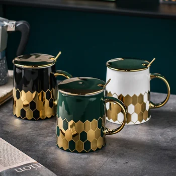 Nou stil European de aur cana ceramica biroul de acasă de lux lumina ceașcă de cafea cu capac Alb negru căni cești de cafea Da cadouri